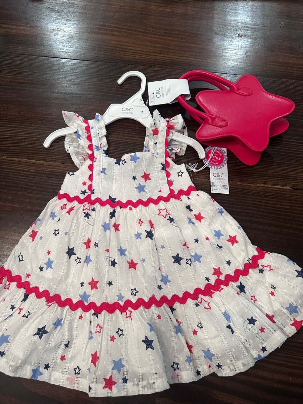 C&C California White Star Print Dress with Pink Trim and Pink Star Bag